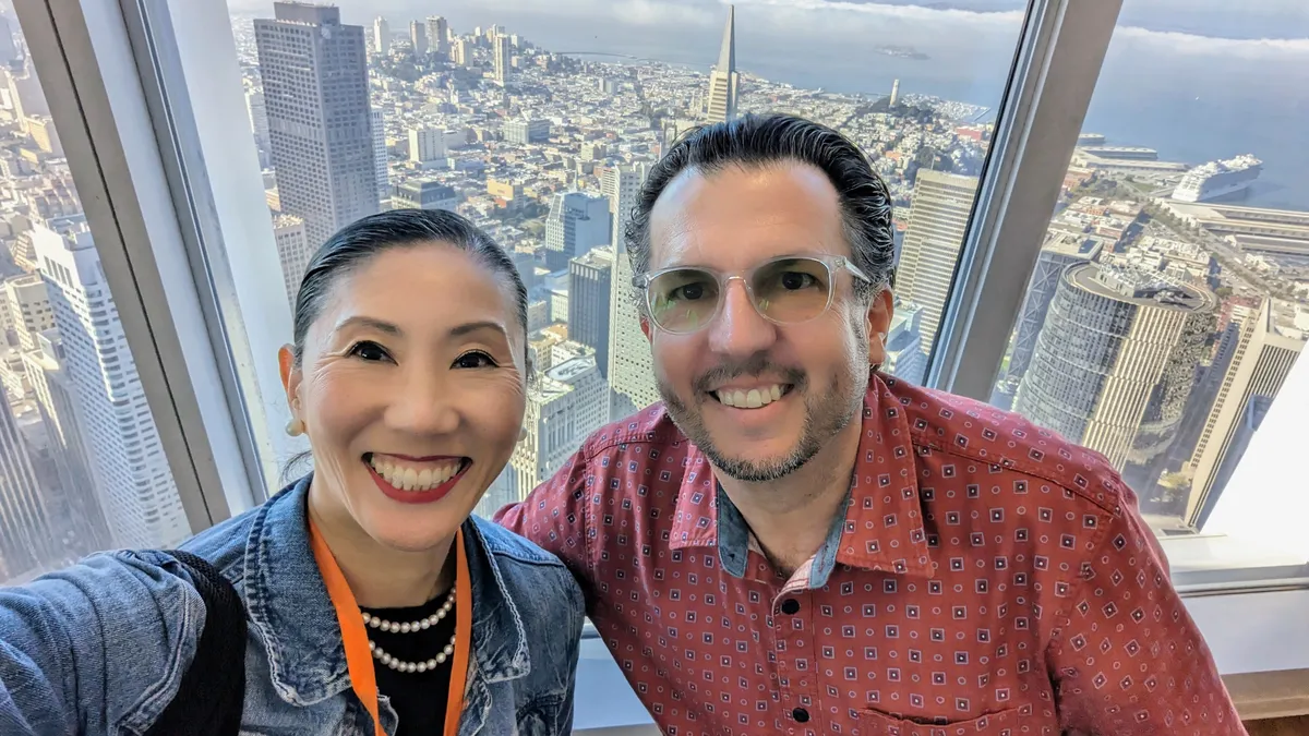 Ironclad's Mary O'Carroll and Salesforce's Léo Murgel at the top of the Salesforce Tower in San Francisco.