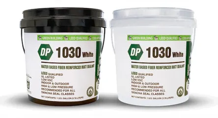 A black plastic industrial pail containing an adhesive is next to a nearly identical pail that is made from white plastic.