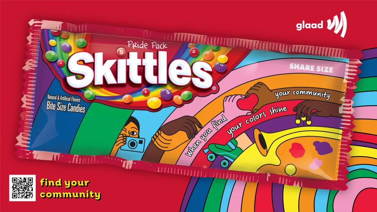 Limited-edition Skittles packaging against a red background with a rainbow in the lower right hand corner and a QR code in the lower left.