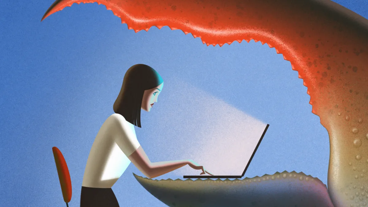 A woman typing on a laptop, surrounded by a large, looming crab claw. The scene conveys a feeling of pressure and urgency in a workplace setting.