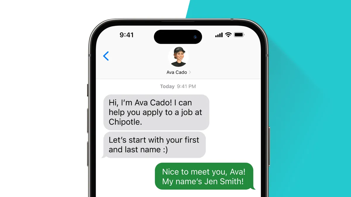 A chat log from Chipotle's Ava Cado AI bot on a smartphone.