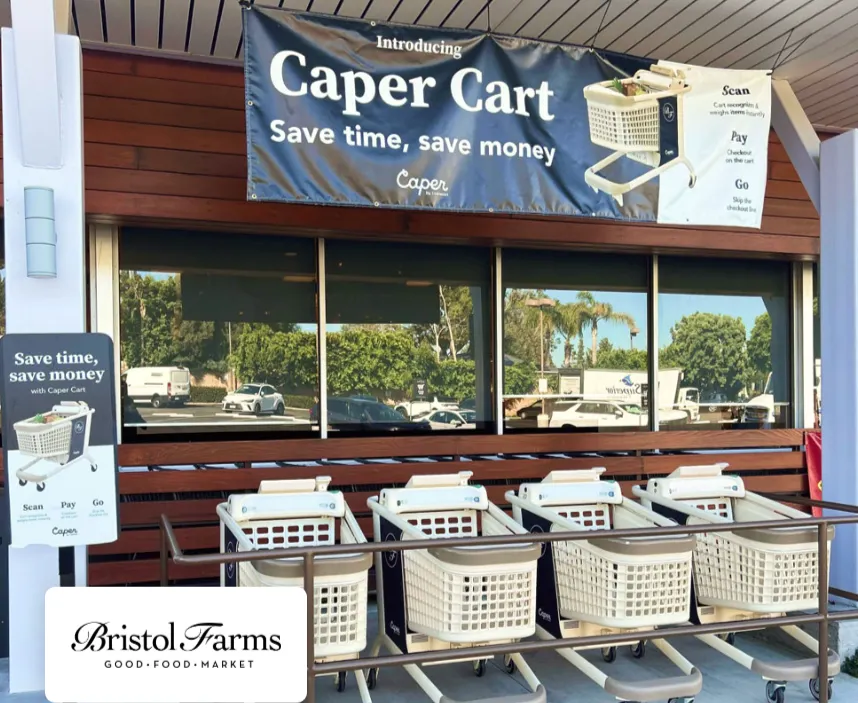 Smart carts outside of a grocery store.