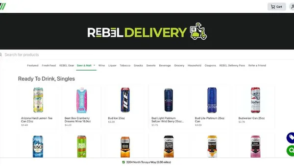 A screenshot of a delivery ordering interface. The name at the top of the page is Rebel DElivery. A sign below that reads Alcohol delivery now available within city limits."