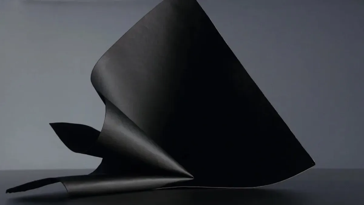 Sculptural image of black leather-like material folded against gray background