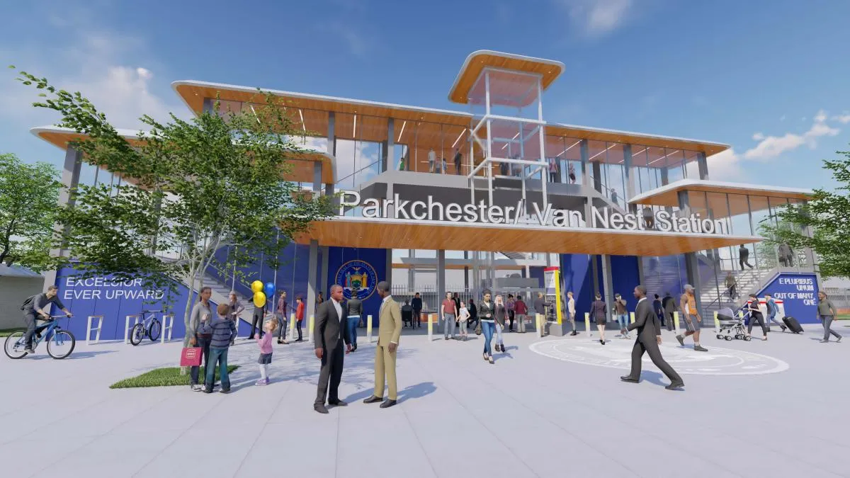 Rendering of modern train station with people on a plaza. Sign reads "Parkchester/Van Nest."