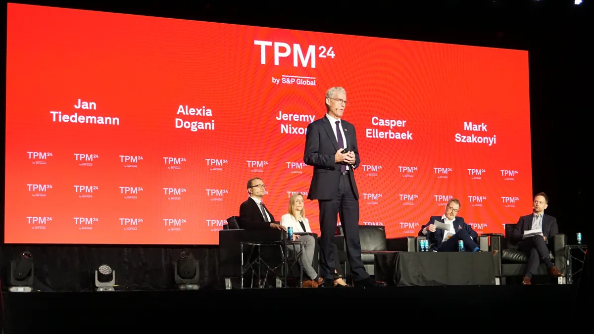 Ocean Network Express CEO Jeremy Nixon speaking during a panel session at TPM24 in Long Beach, California.