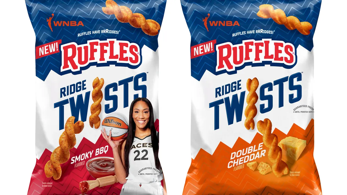 Two bags of Ruffles Ridge Twists, Double Cheddar and Smoky BBQ