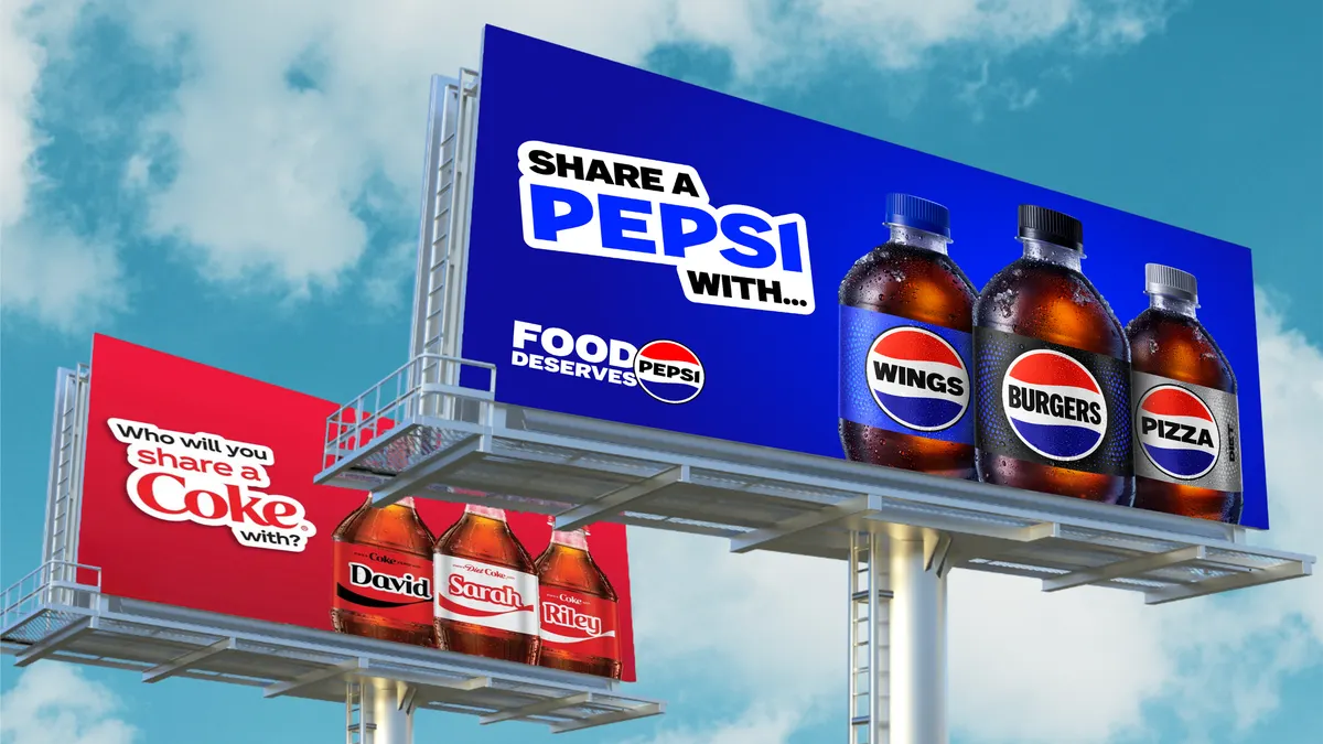 A mockup of a Pepsi billboard standing in front of a similar one from rival Coke