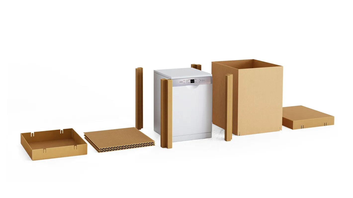 Pieces of a large corrugated box are laid out next to a household appliance.