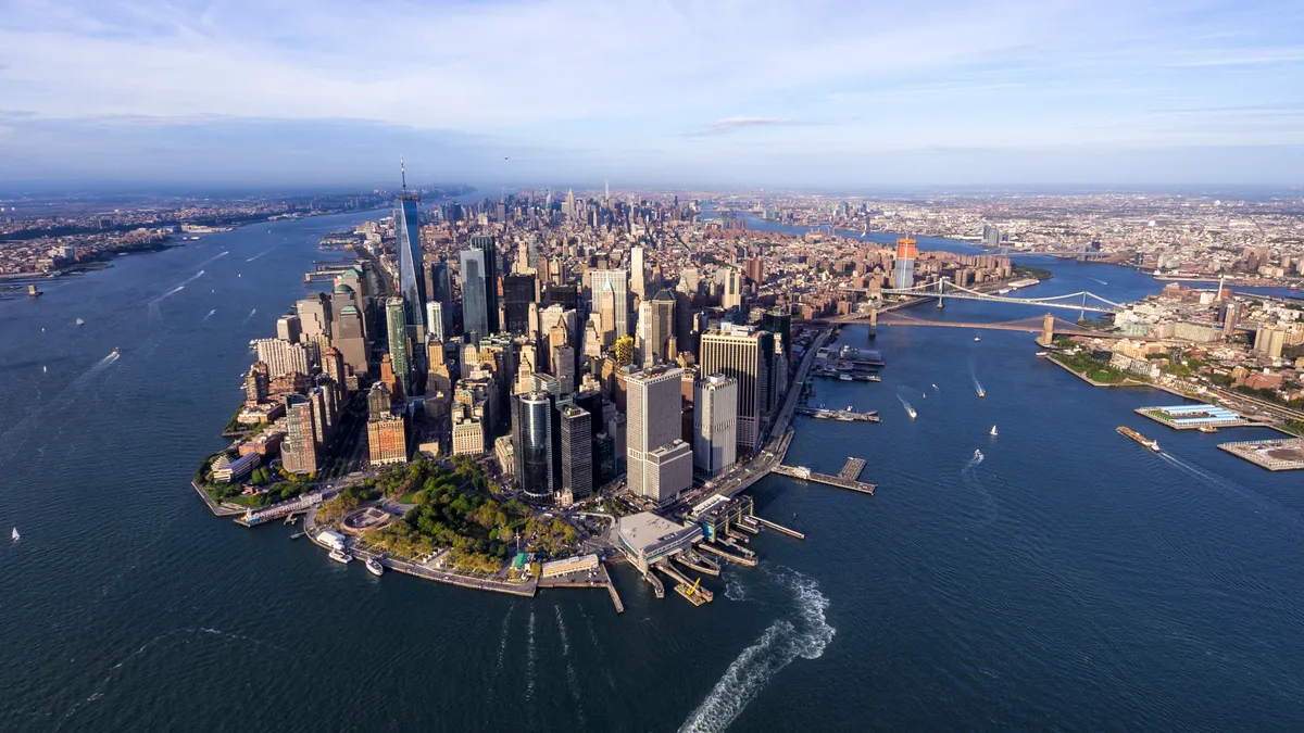 erial view of downtown district of manhattan. New York