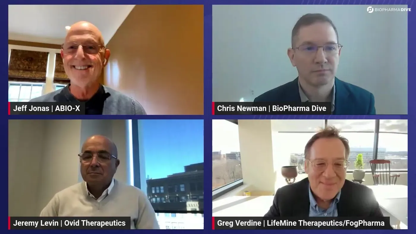 A screenshot of BioPharma Dive editor Chris Newman speaking with three biotech executives during an online webinar