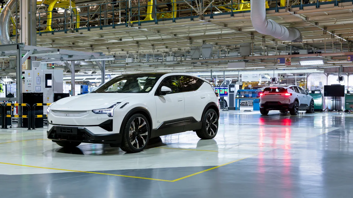 A newly built Polestar 3 SUV painted white at Geely's production facility in China.