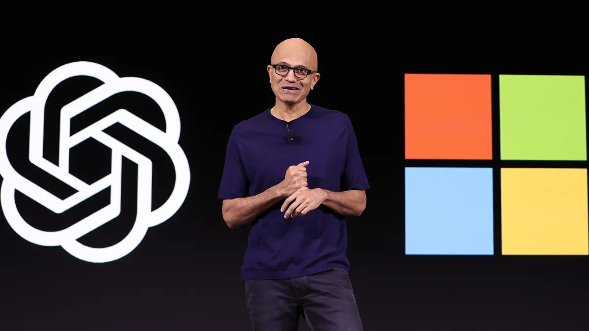 Microsoft CEO Satya Nadella speaks during the OpenAI DevDay event on Nov. 6, 2023 in San Francisco,