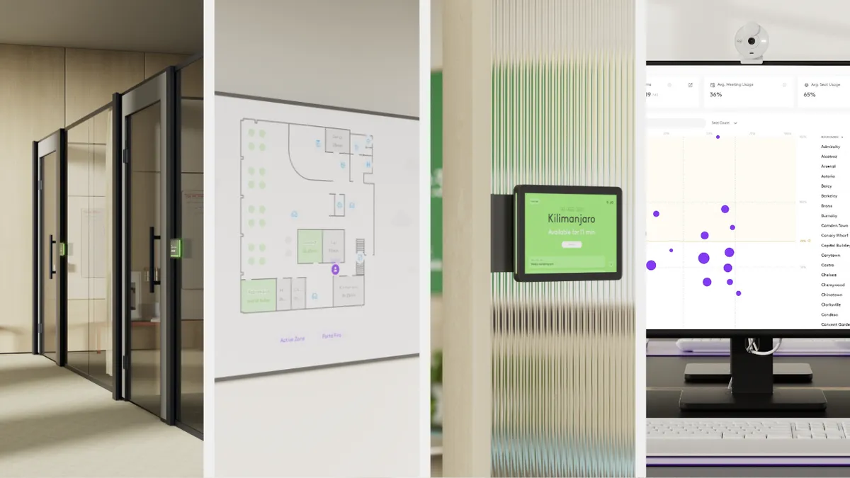 Split screen with representations of Logitech's newly unveiled room booking tools.