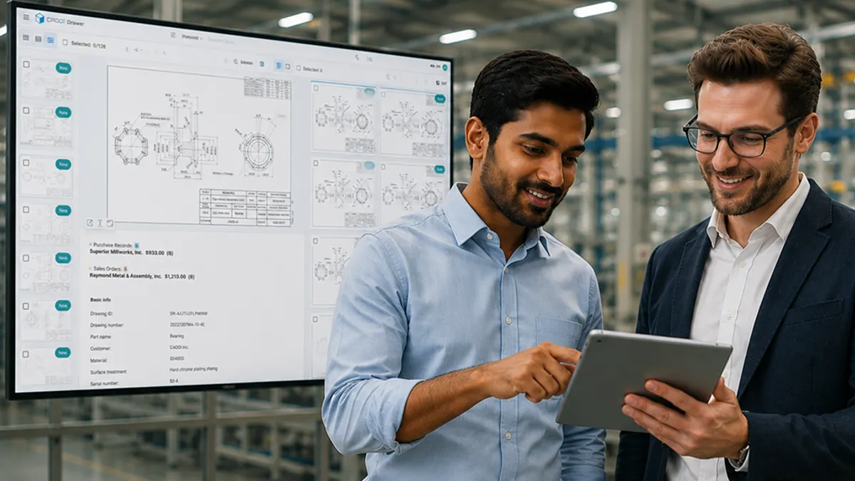Two engineers smiling while reviewing blue CAD drawings on a tablet in a workshop.