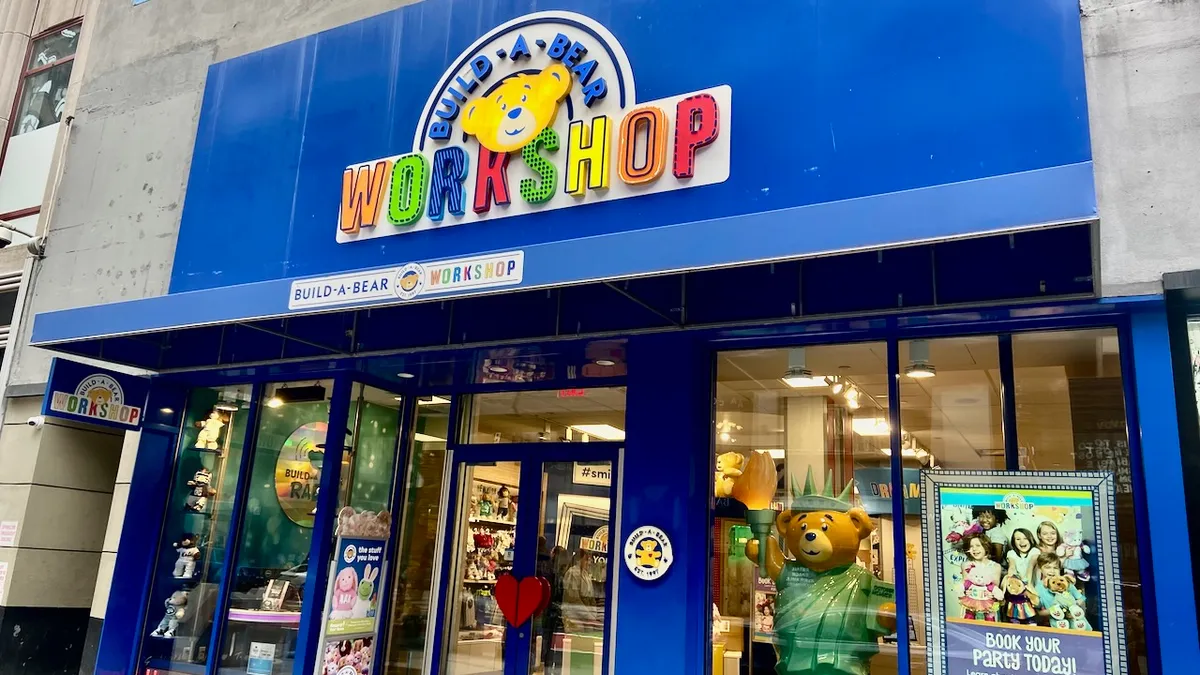 A bright blue storefront entrance.