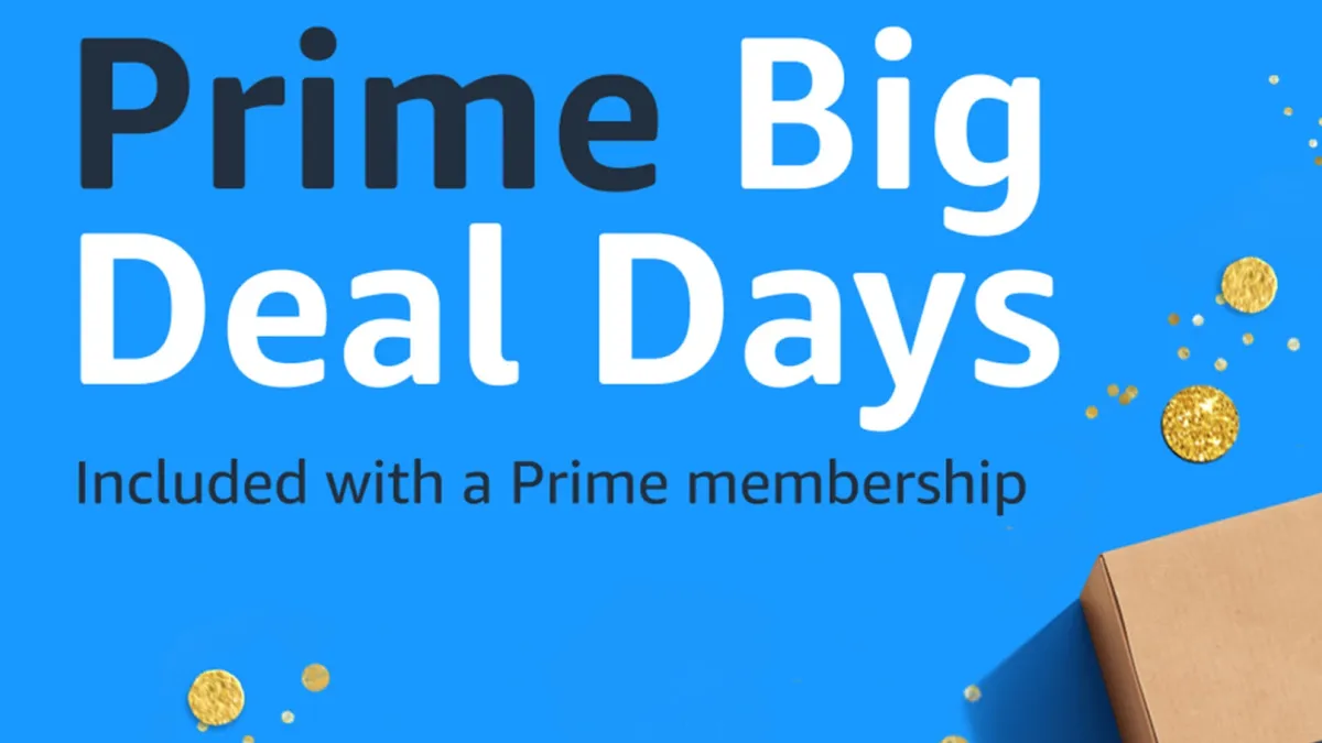 The word "Prime" in black lettering, and "Big Deal Days" in white lettering, against a bright blue background. "Included with a Prime membership" in smaller black letters below.