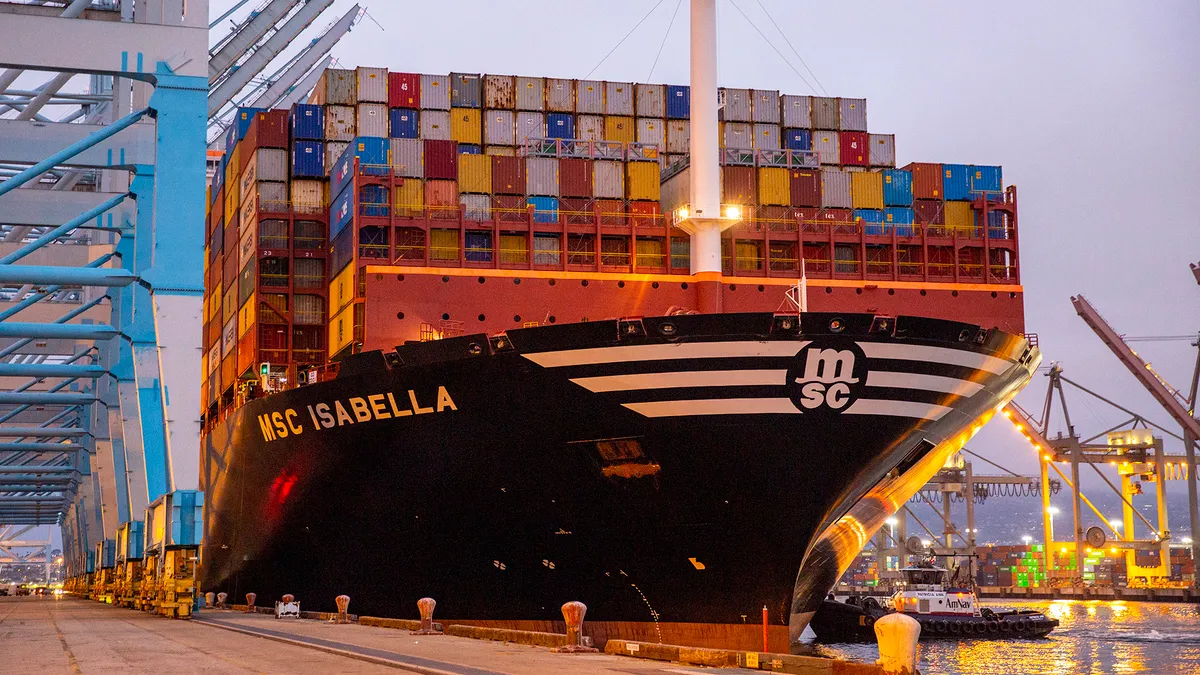 A container ship docked at Pier 400 located at the Port of Los Angeles.