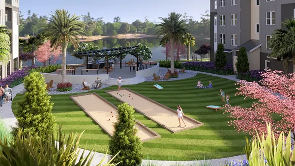 A rendering of a courtyard surrounded by apartment buildings.