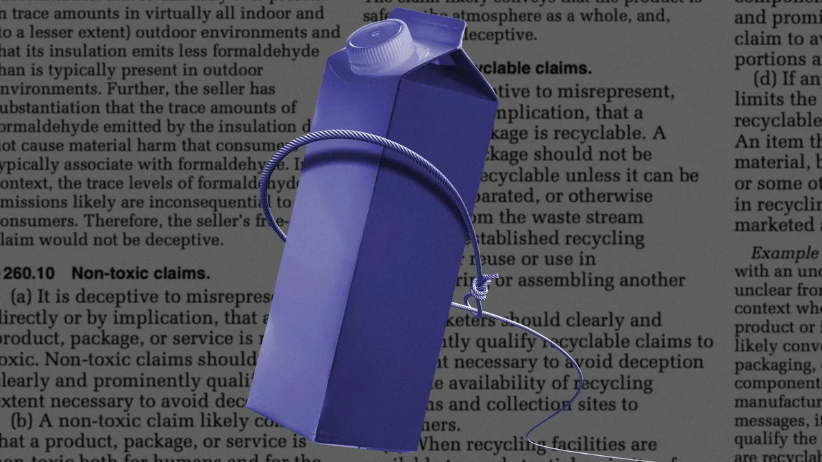 A photo composite of tetra pack bottle being lassoed. The background is a screen shot from the 2012 Green Guides.