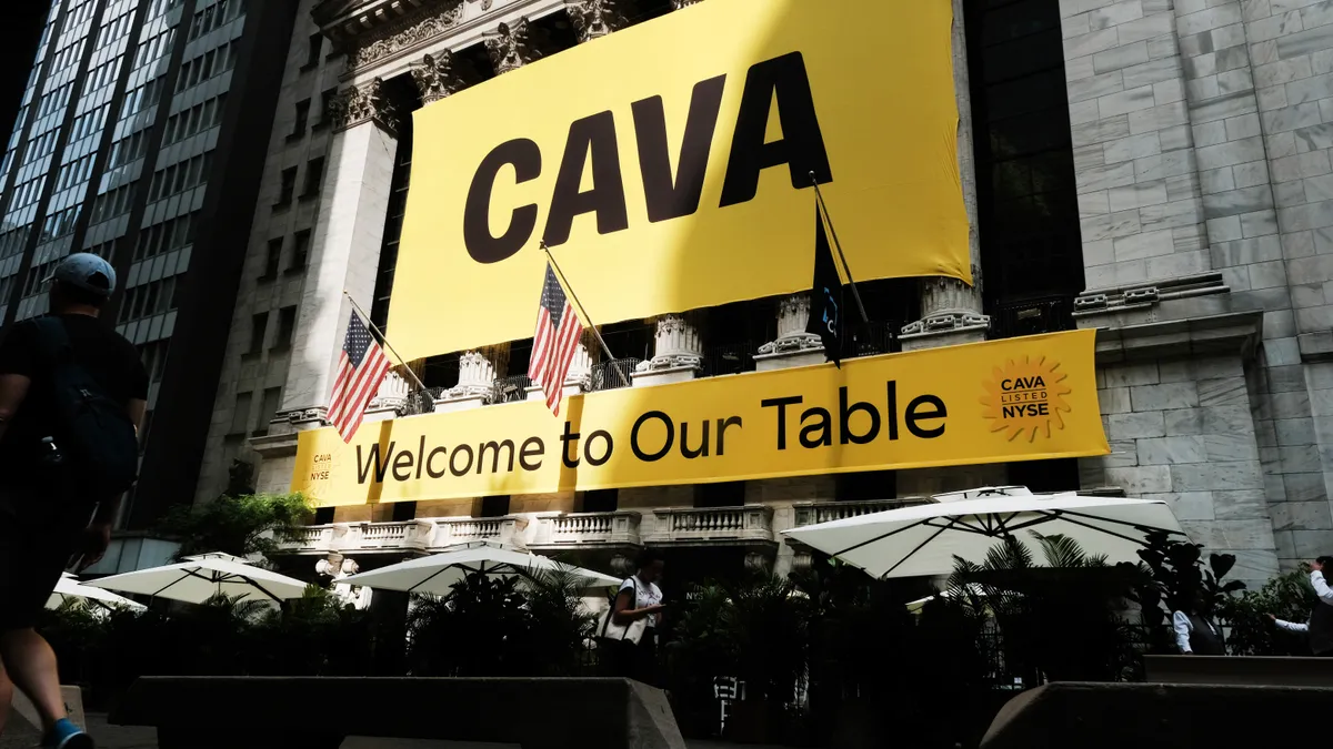 Cava banner in front of the NYSE during IPO