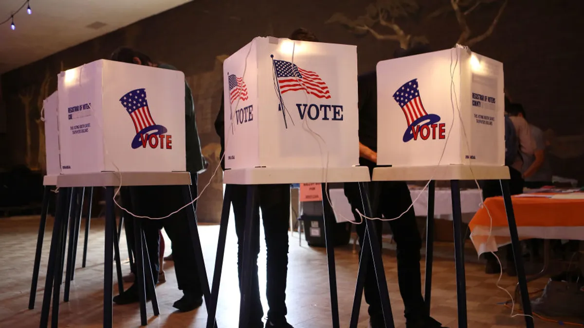 Multiple people stand behind voting booths