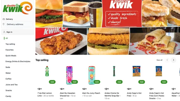 A Screenshot shows a digital storefront, with various goods for sale.  A logo in the top left and top center says "Double Kwik" while photos show a variety of hot foods and snacks and beverages. A menu along the left shows the site's navigation, with options like top selling, favorites and quick meals.
