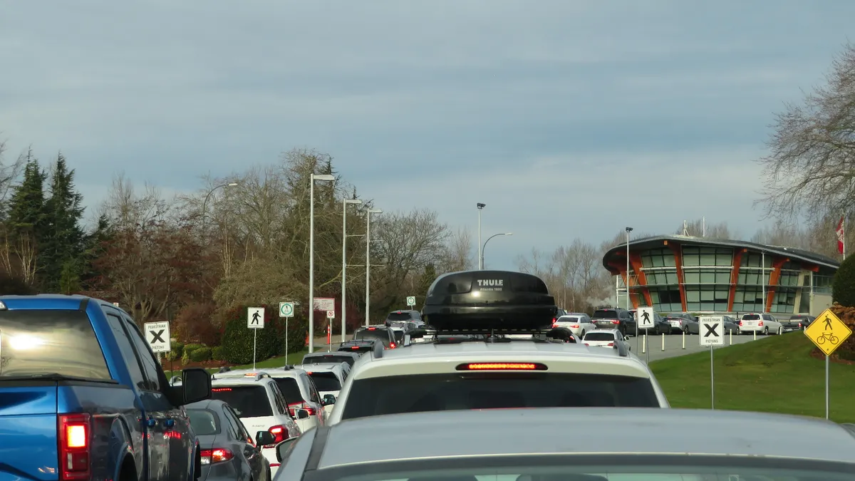 The line for Canadian Customs at the Peace Arch Border Crossing connecting the cities of Blaine, Washington and Surrey, British Columbia on the Canada–United States border, on Nov. 30, 2019.