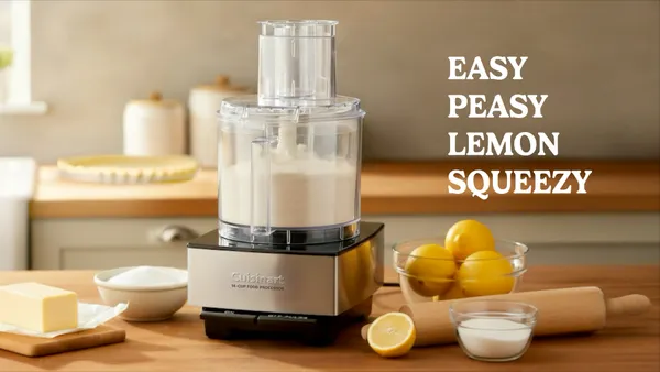 A Cuisinart food processor sits on a counter with copy overlay that reads "East peasy lemon squeezy."