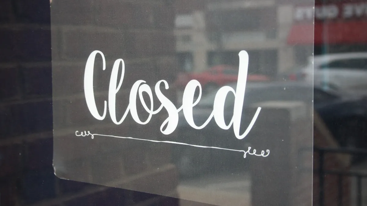 Closed sign outside of a small business during the coronavirus pandemic of 2020.