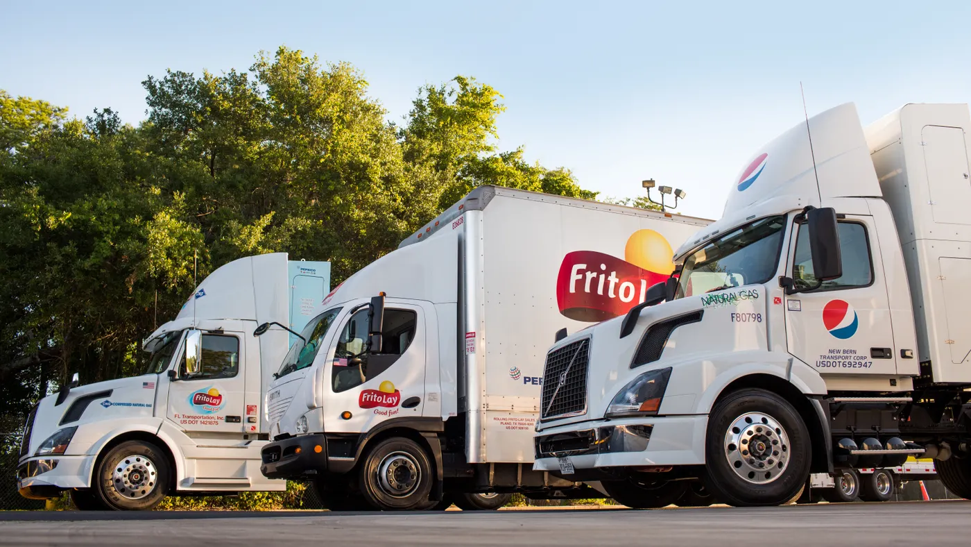Three trucks in PepsiCo's fleet on June 2, 2015.  Frito Lay and Pepsi logos are visible.