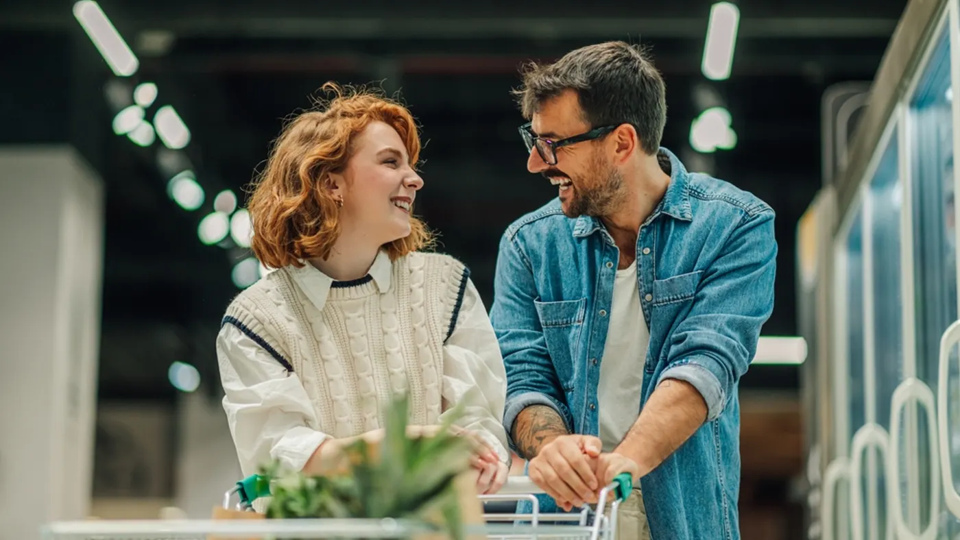 Couple shopping with cart in front