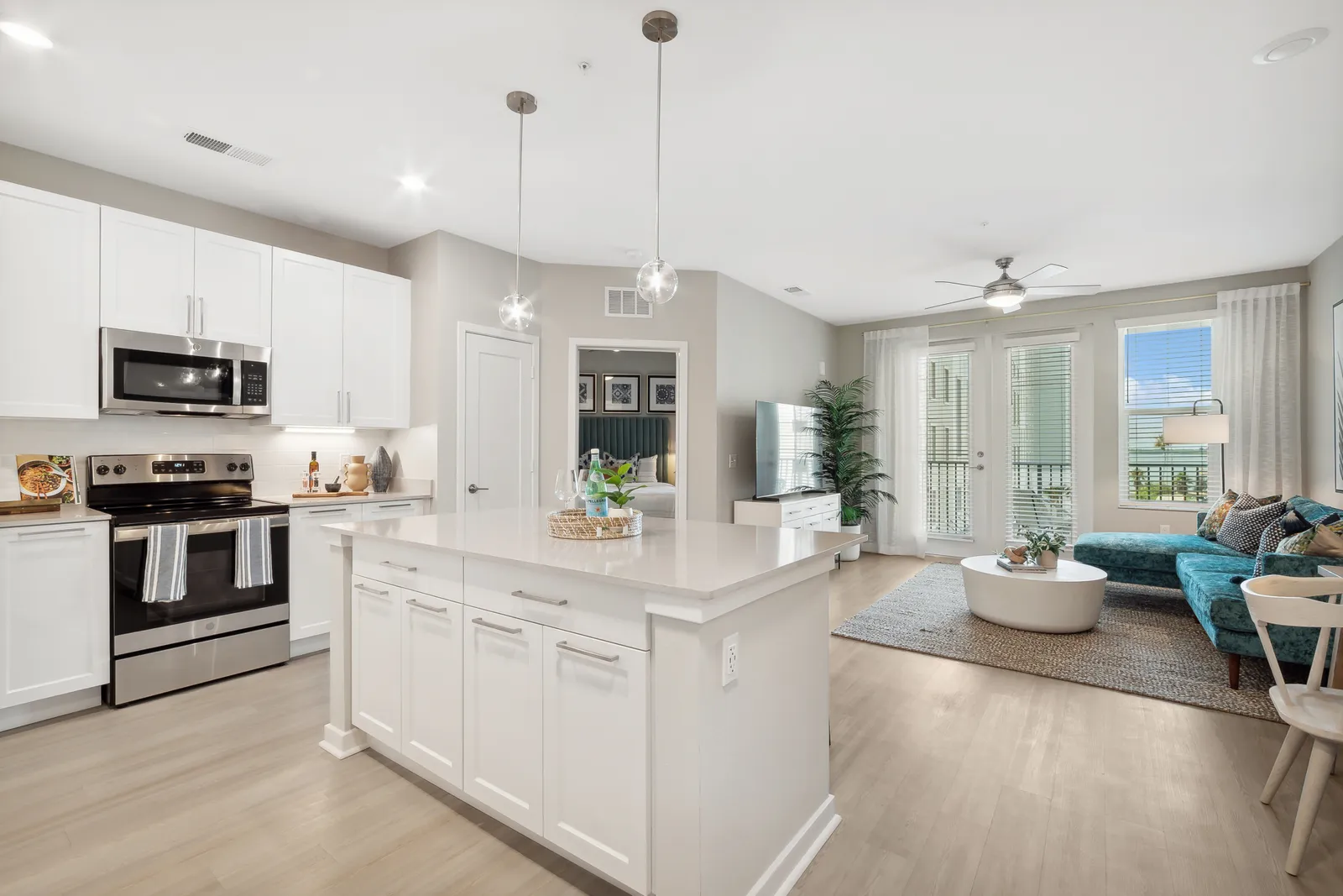 A living space that combines a kitchen and a living room.