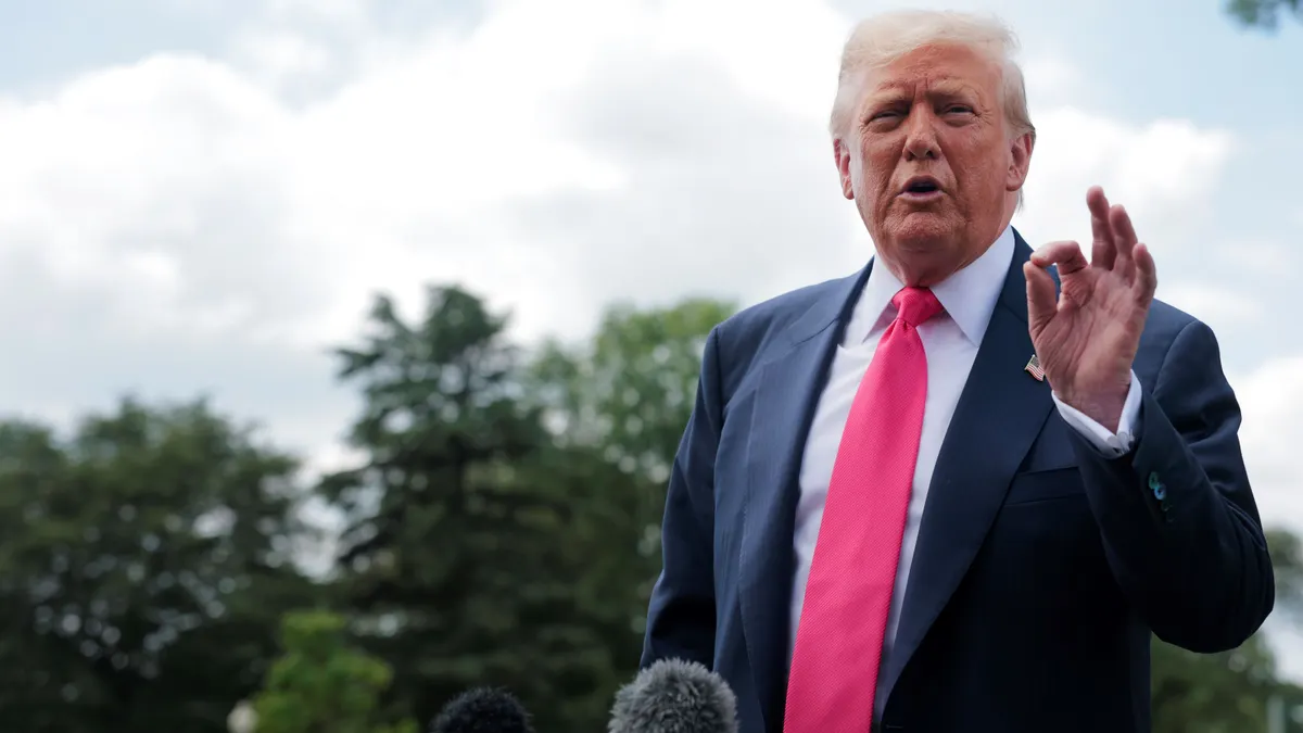 President Donald Trump speaks outside the White House on July 15, 2025, in Washington, D.C.