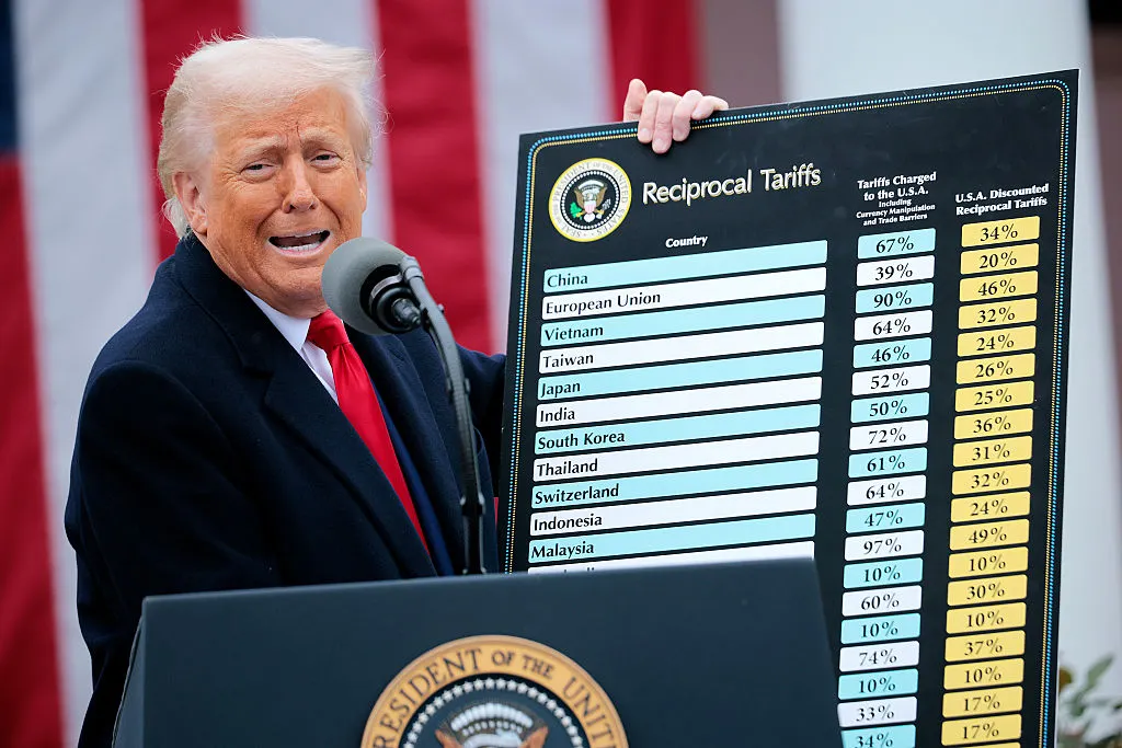 U.S. President Donald Trump holds up a chart while speaking during a "Make America Wealthy Again" trade announcement in the Rose Garden at the White House on April 2, 2025.