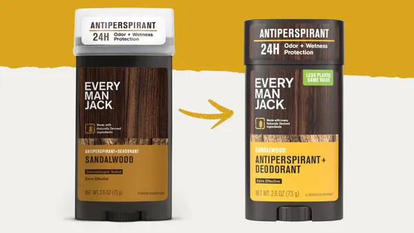 A stick of Every Man Jack deodorant in its previous packaging next to a stick in new packaging.