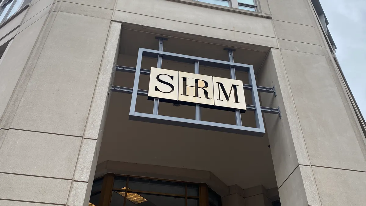 The Society for Human Resource Management logo is visible on the exterior of SHRM HQ