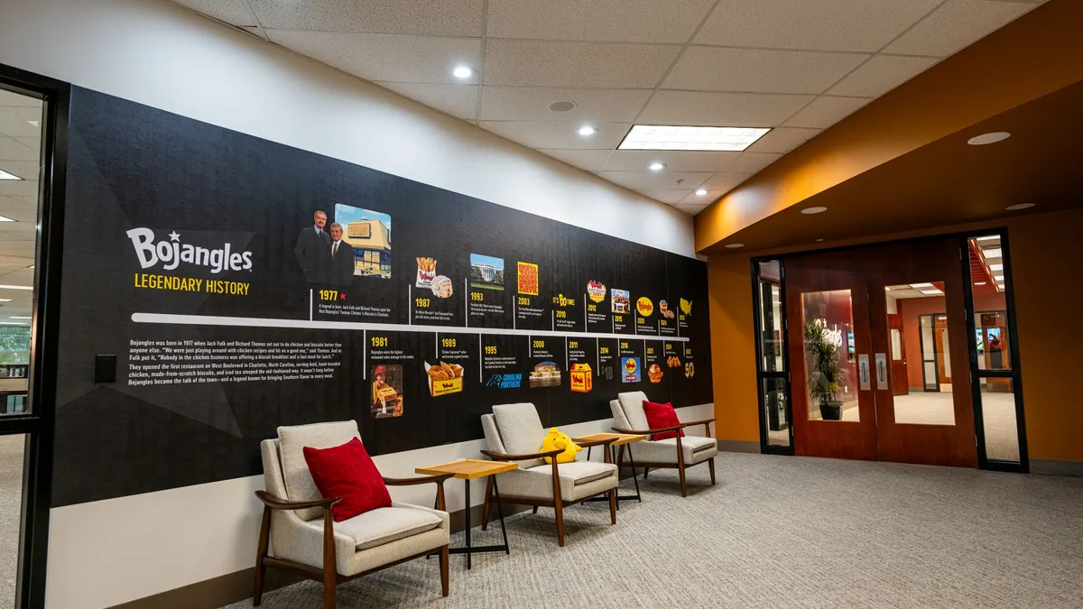 An image of a black wall inside an office with different dates on a timeline highlighting Bojangles history. In front of the wall there are three chairs.