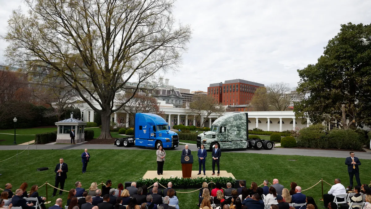 President Joe Biden holds a news conference at the White House to tout employment gains from the Trucking Action Plan.