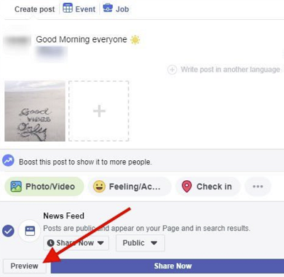 Facebook post 'Preview' example