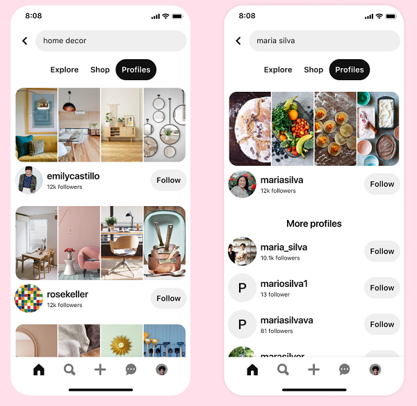 Pinterest creator profiles in search