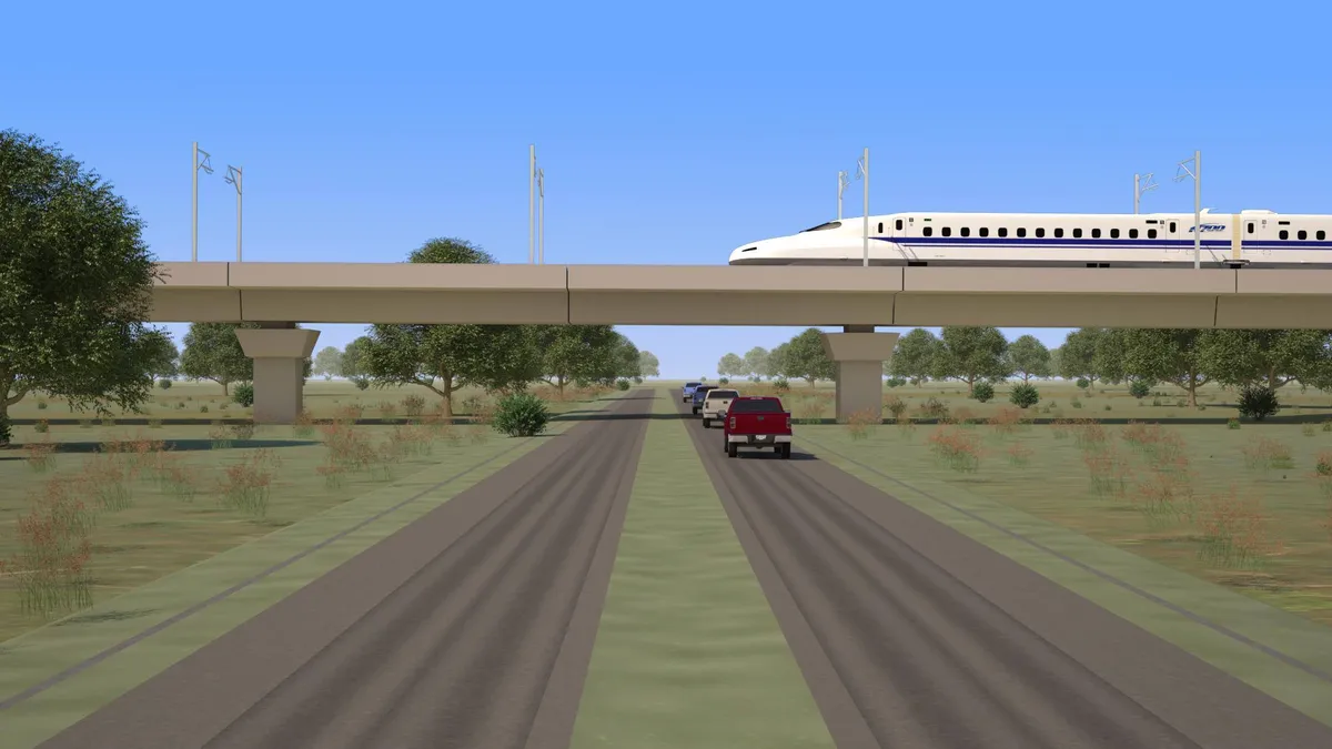 An illustration shows a white bullet train on a viaduct crossing over a road with several pickup trucks on it.