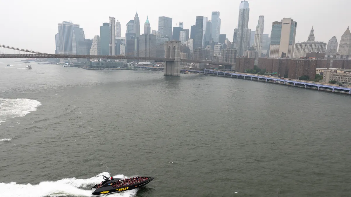 The lower Manhattan skyline is seen from the Manhattan Bridge