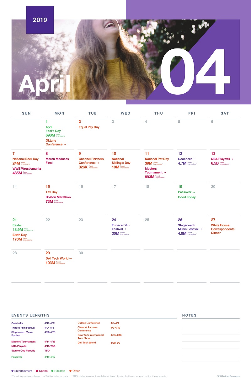Twitter major events calendar - April 2019