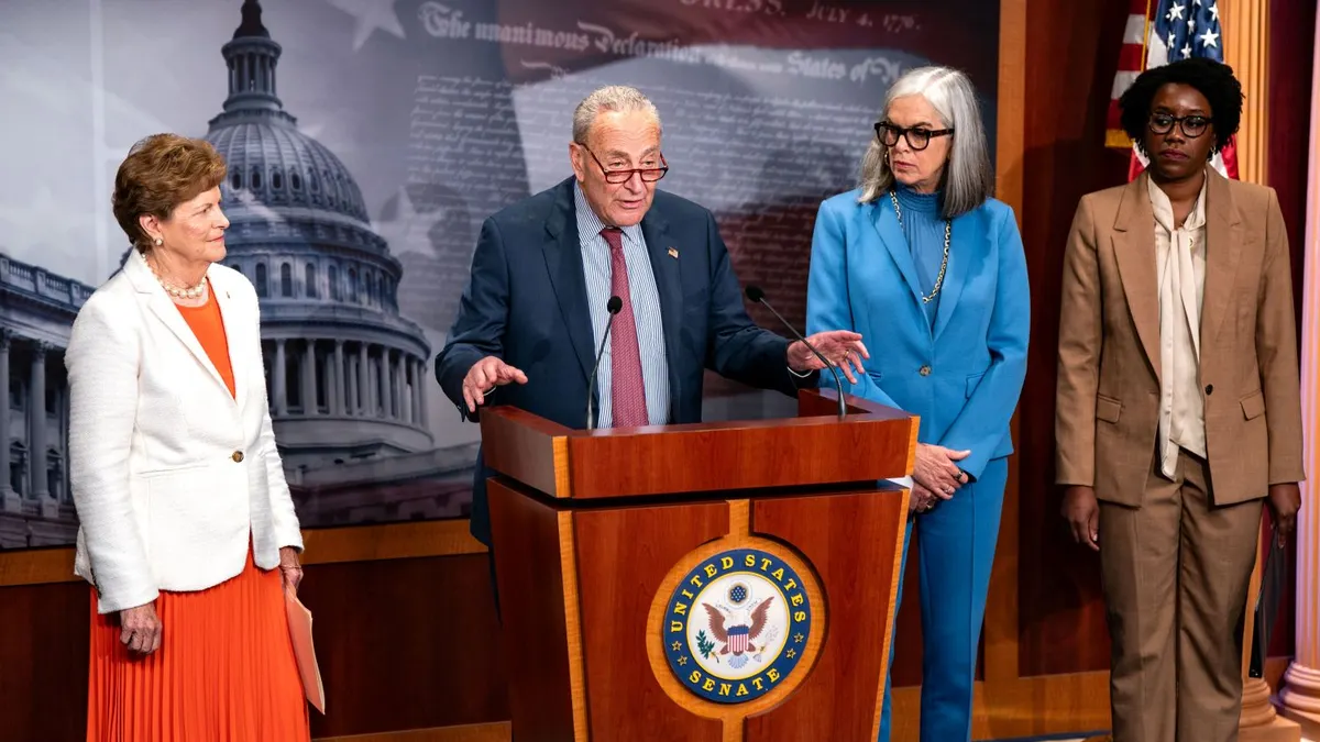 Senate Majority Leader Chuck Schumer (D-NY), flanked by Sen. Jeanne Shaheen (D-NH), House Minority Whip Katherine Clark (D-MA), and Rep. Lauren Underwood (D-IL) speaks at a news conference at the U.S. Capitol on September 25, 2024 in Washington, DC.