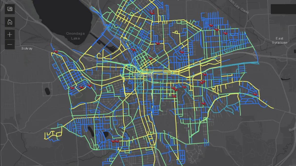 A screenshot of Syracuse, New York's snow operations map with different colors indicating interval since a street was plowed.