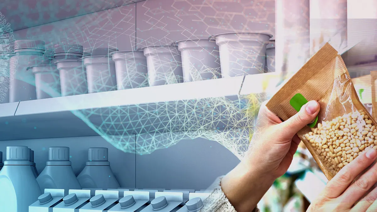 AI image of a person placing an item back onto a grocery store shelf.