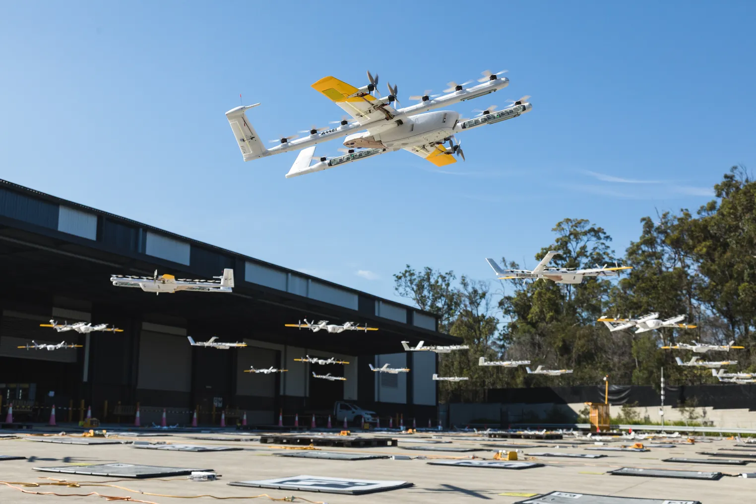 A Wing drone is in flight.