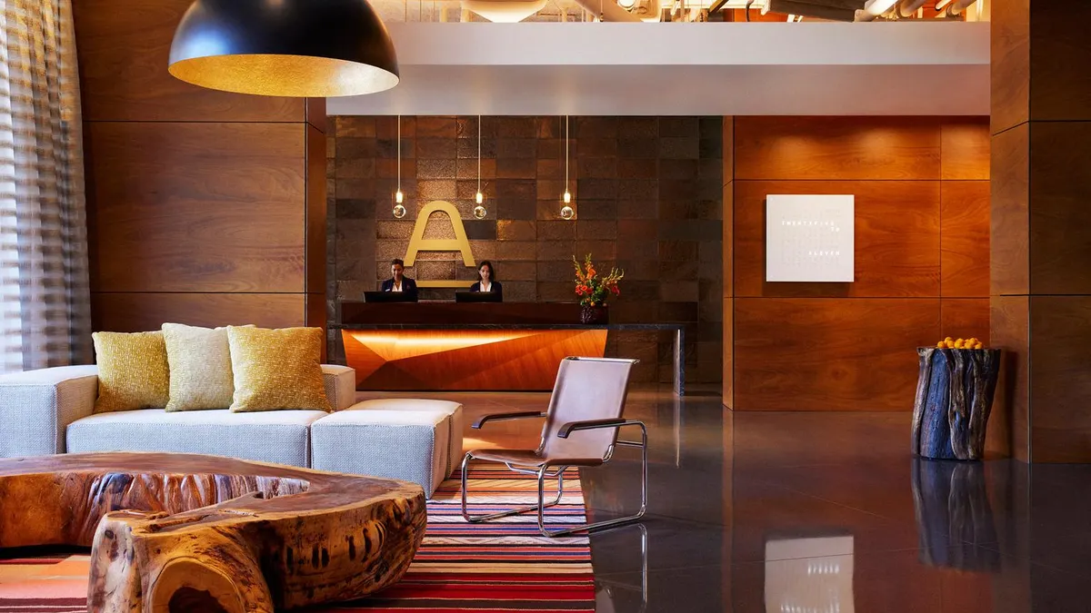 The lobby at The Ameswell Hotel in Mountain View, California.