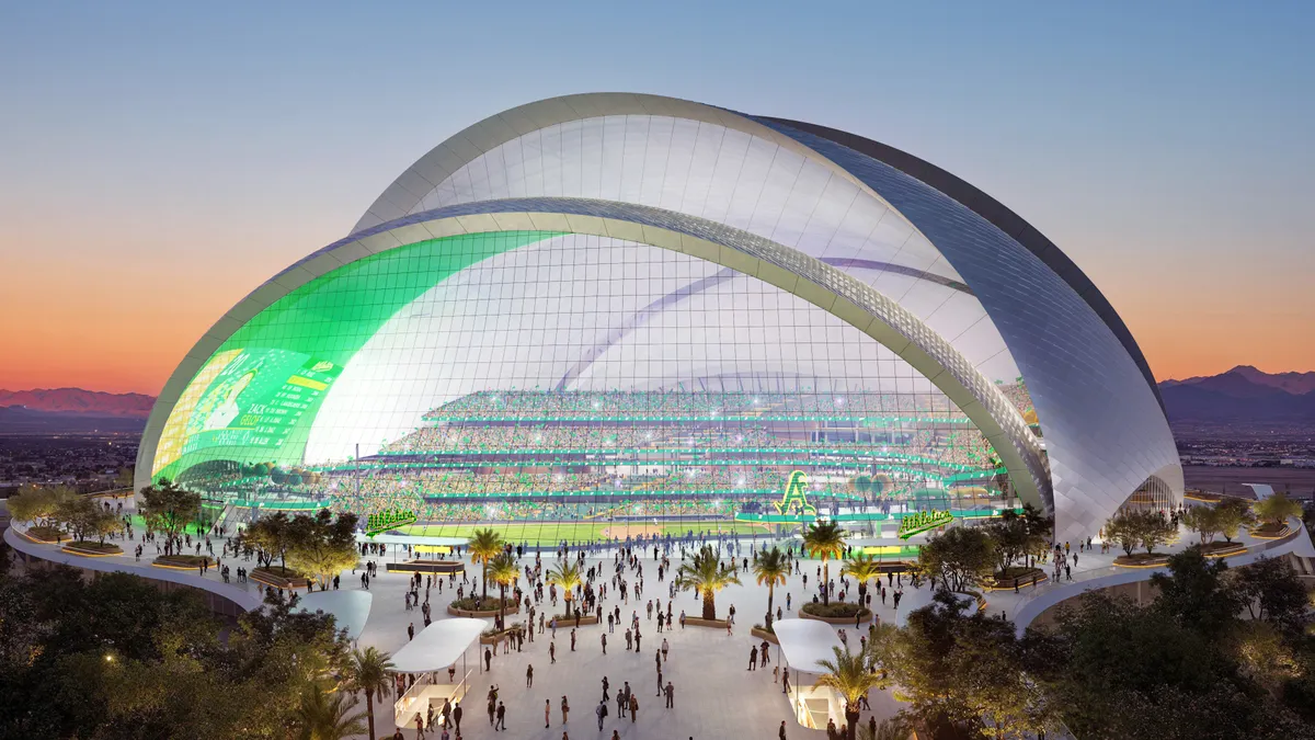 A rendering of a large baseball stadium with a shell-like roof.